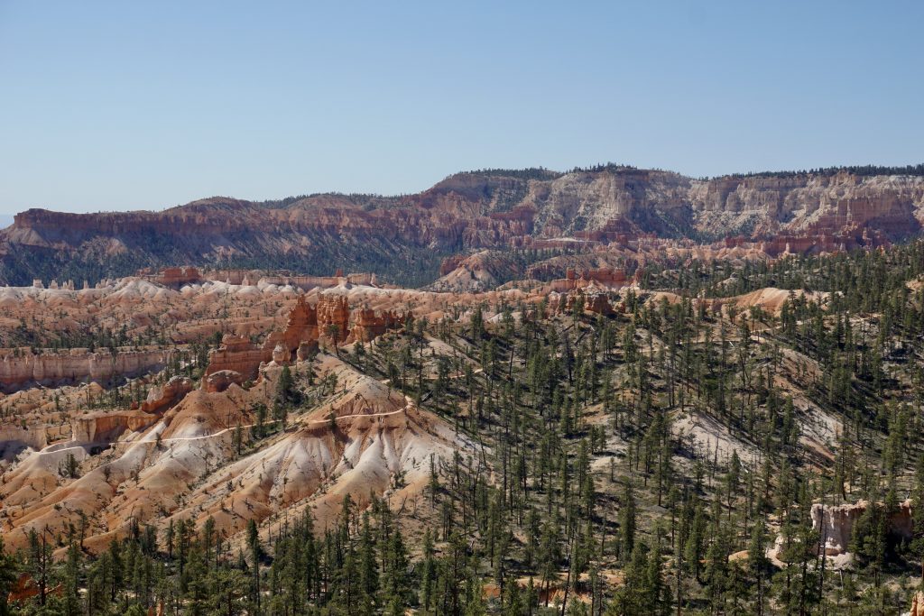 The trail snaking in the distance, mountains, Bryce canyon
