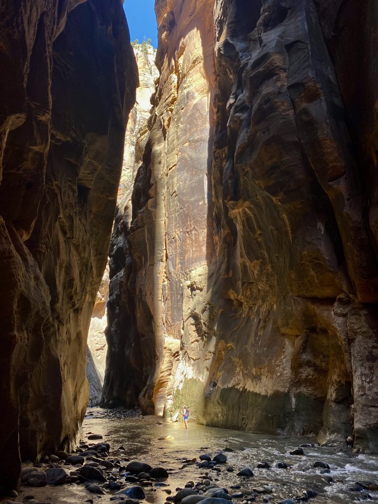 a hiker standing in the river surrounded by tall rocks, canyon, Zion national park